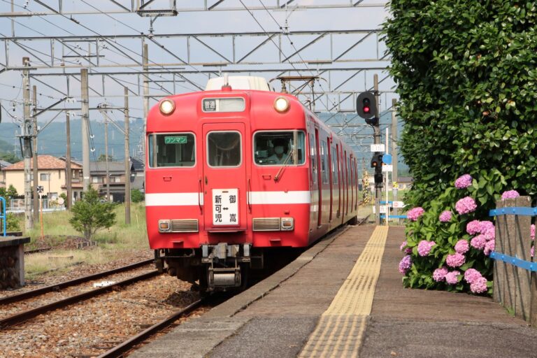明智駅に入線する6011F白帯車